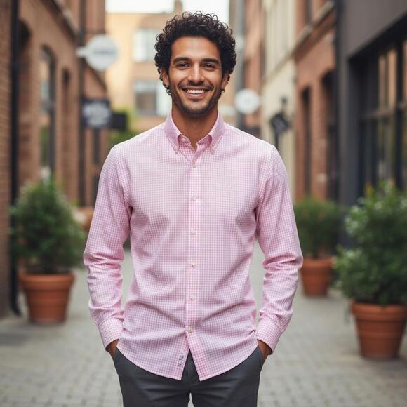 David Donahue Trim Fit Pink Gingham Button-Up Shirt - Picture 1 of 5